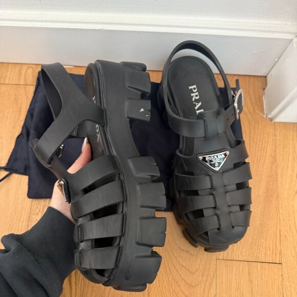 Prada Monolith Platform Sandals Black Strappy Cage Vamp Foam Rubber Sz 38 - Picture 6 of 11